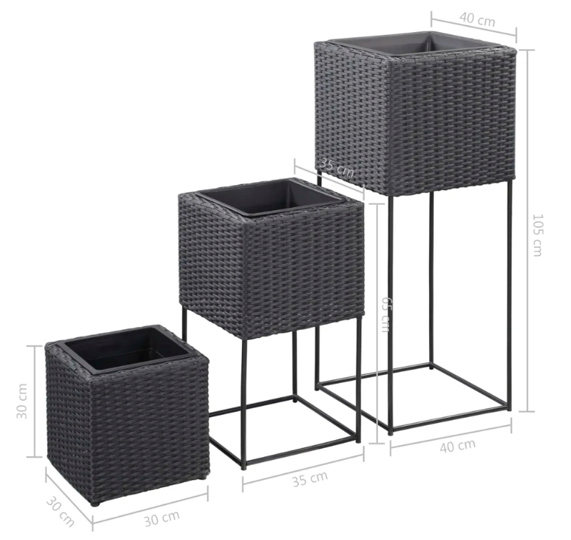 Hochbeete 3-tlg. Poly Rattan Schwarz