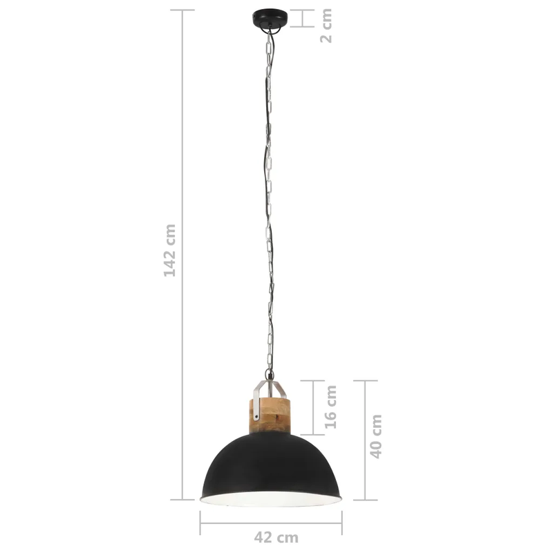 Hängelampe Industriestil Schwarz Rund 42cm E27 Mango Massivholz